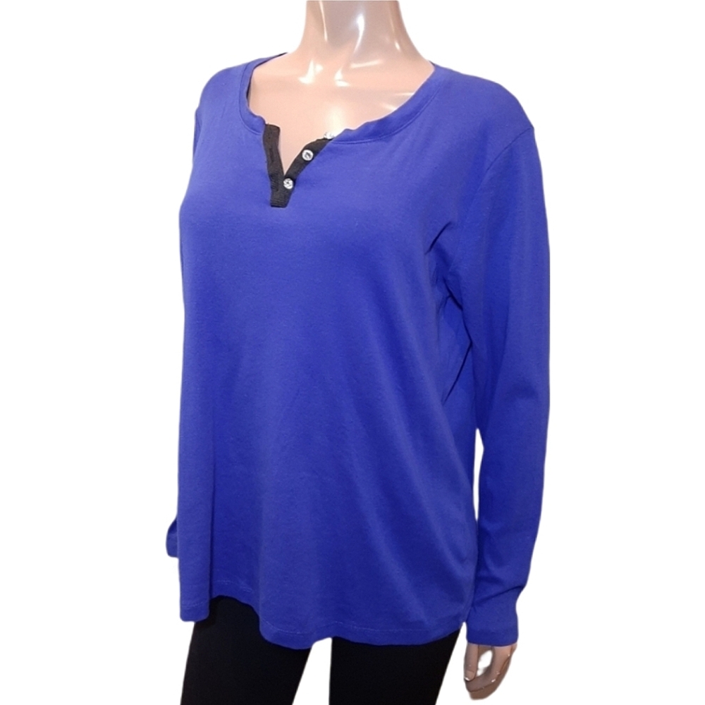 Jones New York Signature Long Sleeve Henley Top Rhinestone Embellished Blue